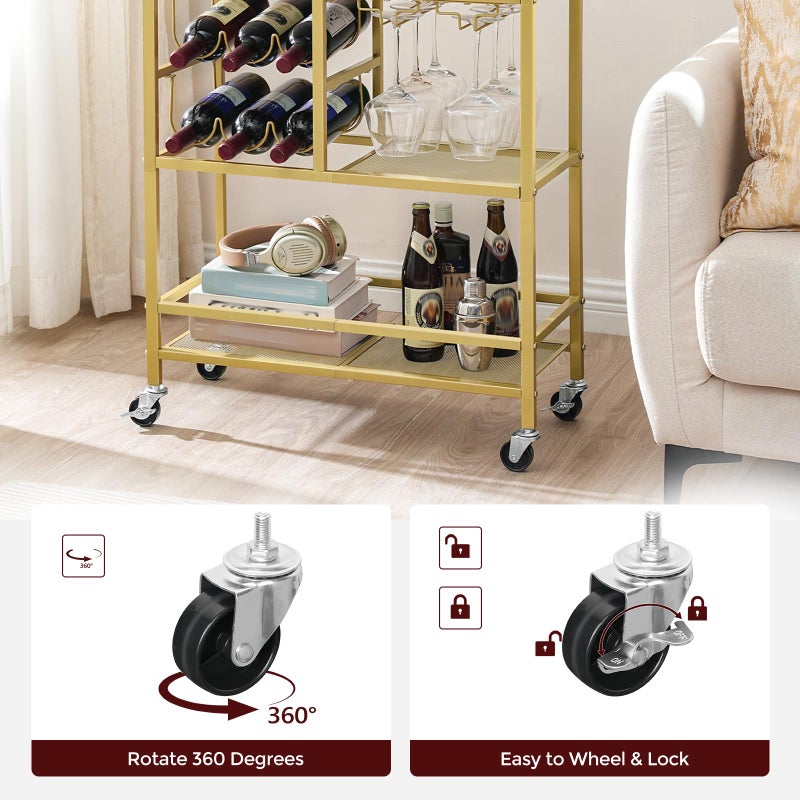 MAHANCRIS Bar Cart for Home, 3-Tier Serving Cart with Wheels and Handle, Beverage Cart with Wine Rack and Glass Holders, Rolling Wine Cart for Kitchen, Dining Room, Gold and White RCJM6101 - Image 5