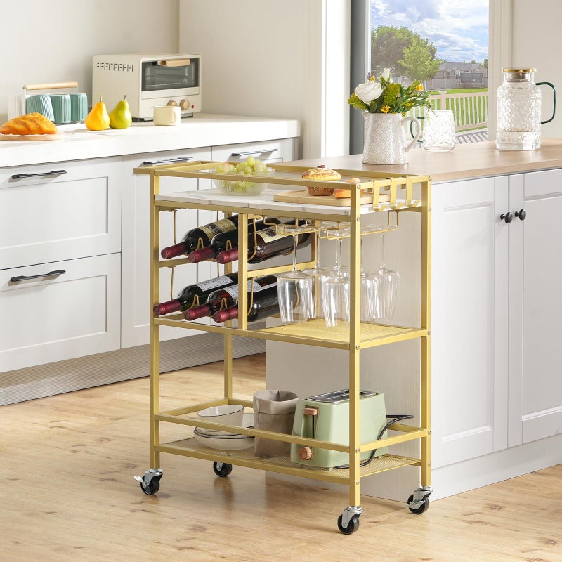 MAHANCRIS Bar Cart for Home, 3-Tier Serving Cart with Wheels and Handle, Beverage Cart with Wine Rack and Glass Holders, Rolling Wine Cart for Kitchen, Dining Room, Gold and White RCJM6101 - Image 4