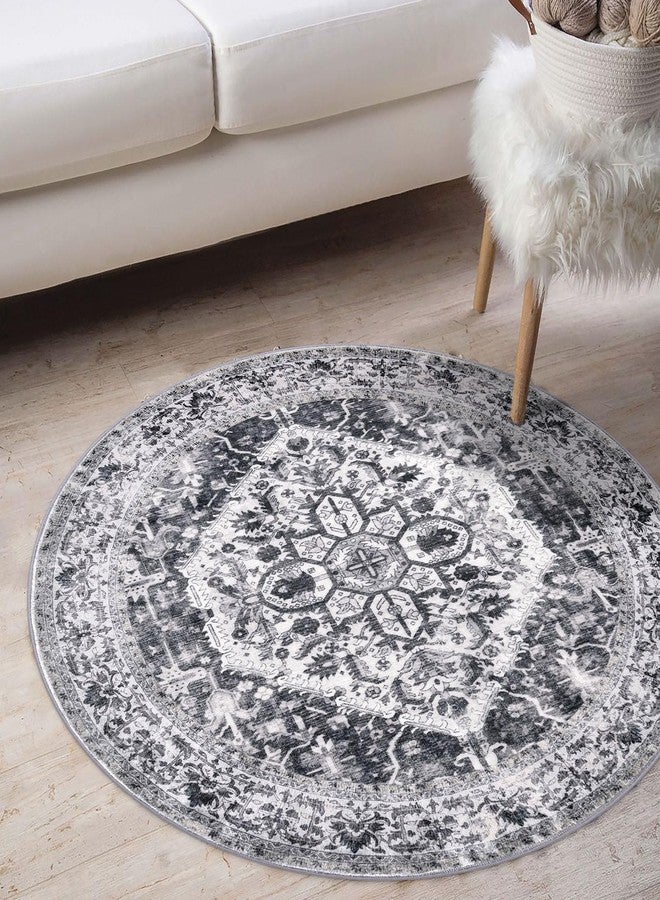 KOZYFLY Round Rug 3 Ft Rugs for Entryway Washable Circle Entrance Rug Non Slip Round Doormat Indoor Printed Faux Wool Round Front Door Mat Floor Carpet for Backdoor, Entryway, Bedroom, Grey - Image 2