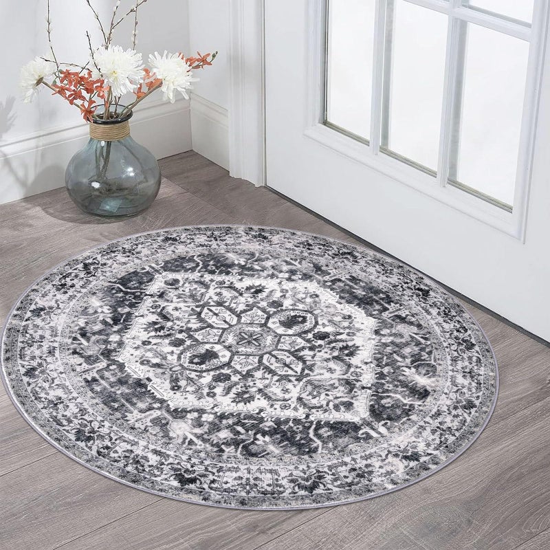 KOZYFLY Round Rug 3 Ft Rugs for Entryway Washable Circle Entrance Rug Non Slip Round Doormat Indoor Printed Faux Wool Round Front Door Mat Floor Carpet for Backdoor, Entryway, Bedroom, Grey - Image 1
