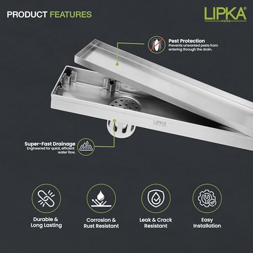LIPKA 24 x 5 Inches Rectangle Invisible Tile Insert Shower Drain Channel | Waste Water Floor Drain for 13mm Tile | 304 Stainless Steel Floor Drain for Bathroom Balcony with Cockroach Trap & Side Hole - Image 3