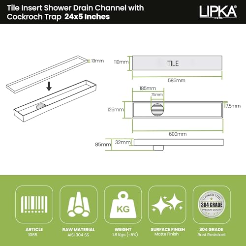 LIPKA 24 x 5 Inches Rectangle Invisible Tile Insert Shower Drain Channel | Waste Water Floor Drain for 13mm Tile | 304 Stainless Steel Floor Drain for Bathroom Balcony with Cockroach Trap & Side Hole - Image 2
