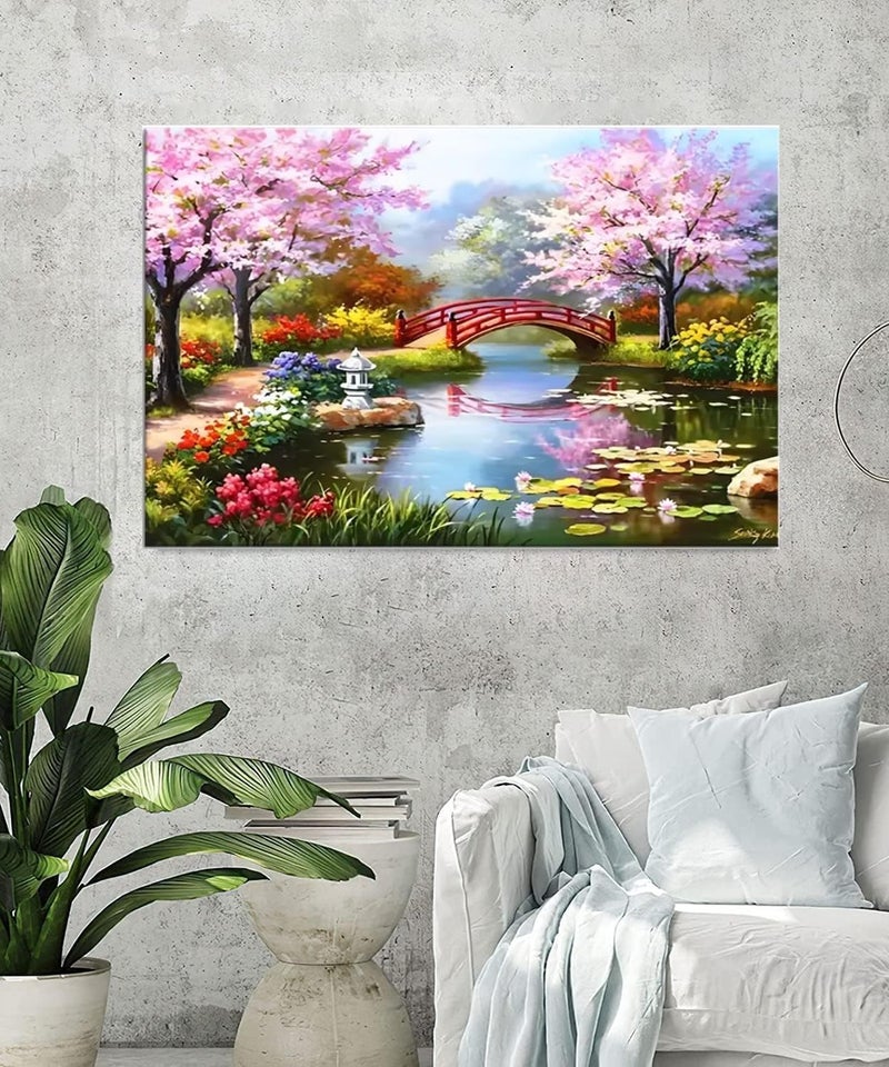 Darkness DARKNESS Diamond Art Kit, 5D Diamond Painting kit,Bridge Peach Tree Spring Pool Lotus Pond 5D Diamond Painting Set, Perfect for Relaxation and Home Wall Decor 30x40 cm (River Bridge)  - Image 3