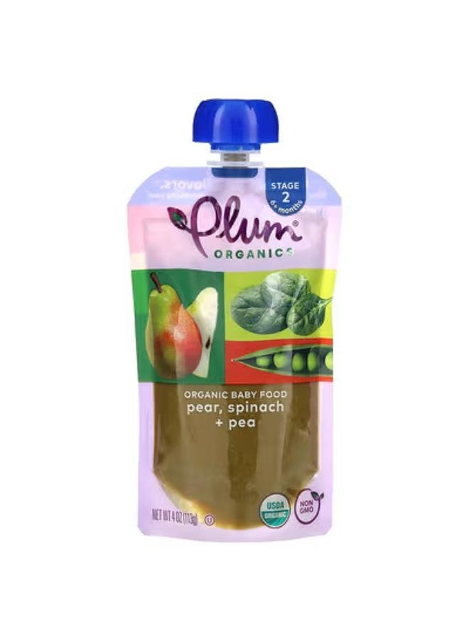 Plum Organics Organic Baby Food, 6+ Months, Pear, Spinach + Pea, 4 oz (113 g) 