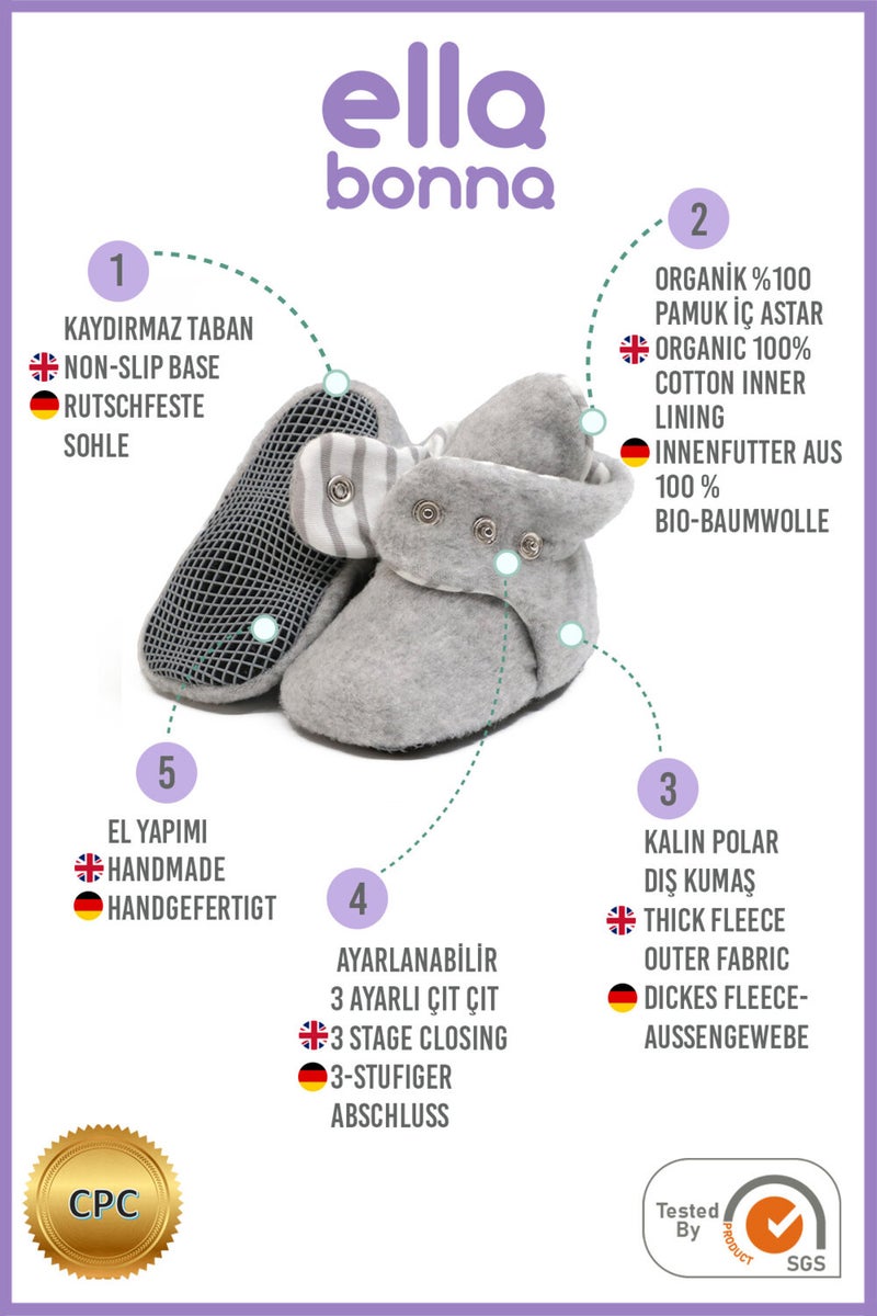 Ella Bonna Polar Baby Slippers, Non-Slip Sole, Organic Cotton Lined, First Step Home Slippers, Gray  - Image 4