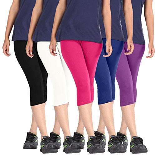 FEELBLUE Premium Cotton Strechable Women's Casual/Gym/Sports 3/4th Capri (Free Size) Combo Pack of 5 (BlackWhiteRaniNavyPurple) - Image 1