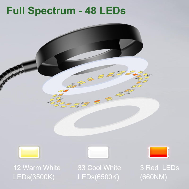 Wolezek 2 in 1 Grow Lights for Indoor Plants, 3 Colors Plant Lights for Indoor Growing with 360Â° Gooseneck, 48 LEDs Full Spectrum Plant Grow Lights Indoor, 6/12/16H Timer, 5 Brightness, Black 1 Pack - Image 4
