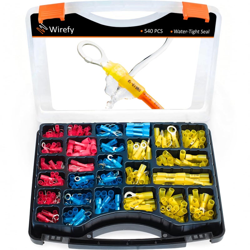 Wirefy Heat Shrink Crimp Connectors Kit - Heat Shrink Wire Connectors - Automotive Wire Connectors Kit - Insulated Ring, Spade, Fork, Hook & Butt Terminal Connectors - 22-10 Gauge - 540 PCS - Image 1