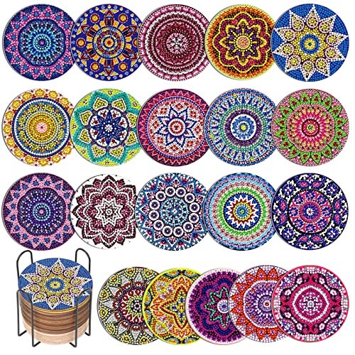 Caffox 20 Pieces Diamond Art Painting Coasters Kit with Holder, Diamond Art Coasters, DIY Diamond Art Crafts Projects, Diamond Art Kits for Adults and Beginners(Mandala Style) - Image 1