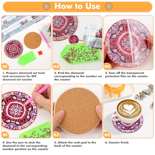 Caffox 20 Pieces Diamond Art Painting Coasters Kit with Holder, Diamond Art Coasters, DIY Diamond Art Crafts Projects, Diamond Art Kits for Adults and Beginners(Mandala Style) - Image 4