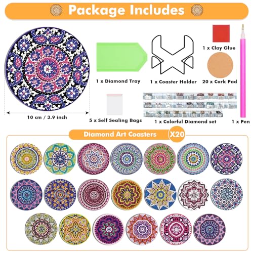 Caffox 20 Pieces Diamond Art Painting Coasters Kit with Holder, Diamond Art Coasters, DIY Diamond Art Crafts Projects, Diamond Art Kits for Adults and Beginners(Mandala Style) - Image 2