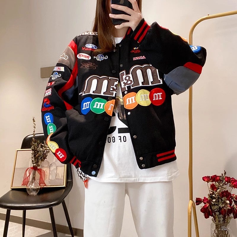 Spring Varsity Letter Embroidered Baseball Jacket Black - Image 1