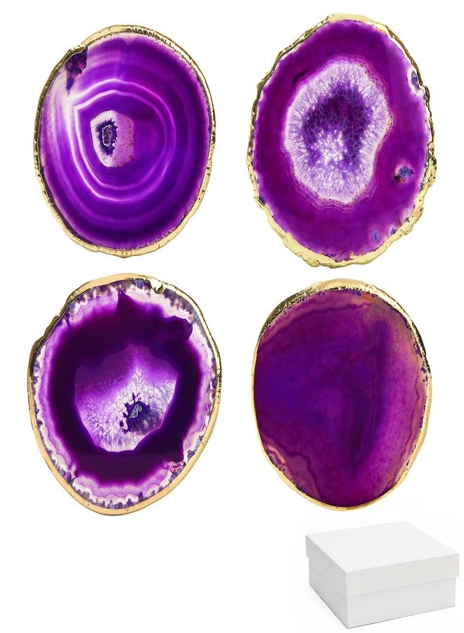 Luxiv Purple Agate Coasters Set of 4 with Gift Box, Luxiv 3-4" Agate Coasters for Drinks Natural Crystal Coasters with Gold Edge Brazilian Geode Stone Coaster for Coffee, Drinks, Tea (Purple, 3-4 inches) - Image 1