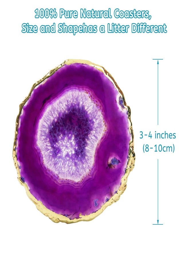 Luxiv Purple Agate Coasters Set of 4 with Gift Box, Luxiv 3-4" Agate Coasters for Drinks Natural Crystal Coasters with Gold Edge Brazilian Geode Stone Coaster for Coffee, Drinks, Tea (Purple, 3-4 inches) - Image 2