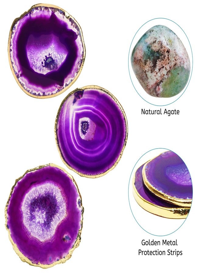 Luxiv Purple Agate Coasters Set of 4 with Gift Box, Luxiv 3-4" Agate Coasters for Drinks Natural Crystal Coasters with Gold Edge Brazilian Geode Stone Coaster for Coffee, Drinks, Tea (Purple, 3-4 inches) - Image 4