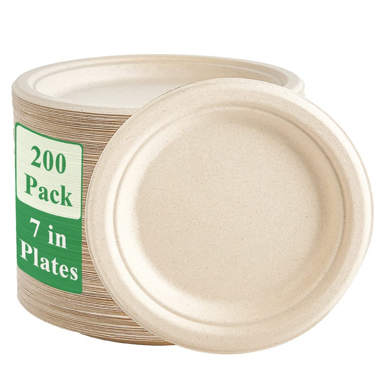 Vplus 200 Pack Paper Plates 7 inch 100 Compostable HeavyDuty Disposable Paper Plates Bagasse Natural Biodegradable EcoFriendly Sugarcane - Image 3