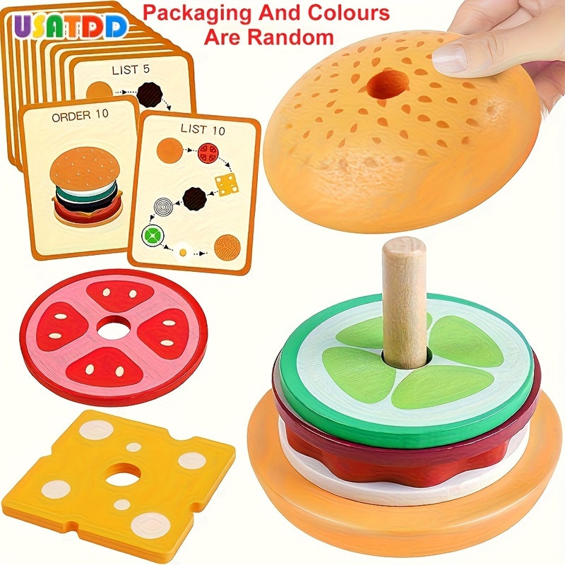USATDD Burger Stacking Toys for Kids - Recycled Wood Fine Motor Skills Educational Toy with Order Cards & Matching Game, Interactive Learning Activity for Ages 3-5, Birthday Gift for Boys & Girls, Kid Toy, Dining Role Play, Playful Illustrations