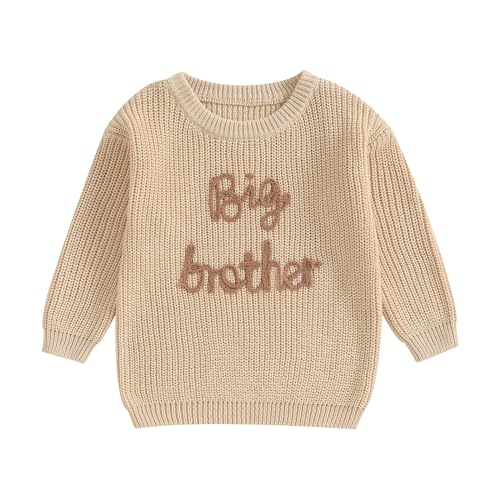 Dcohmch Big Brother Little Brother Matching Outfits Letter Embroidery Knit Sweater Shirt Baby Boy Winter Warm Clothes (Khaki Big Bro, 3-4 Years) - Image 1