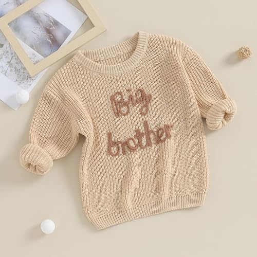 Dcohmch Big Brother Little Brother Matching Outfits Letter Embroidery Knit Sweater Shirt Baby Boy Winter Warm Clothes (Khaki Big Bro, 3-4 Years) - Image 3