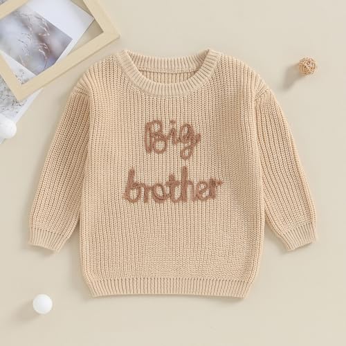 Dcohmch Big Brother Little Brother Matching Outfits Letter Embroidery Knit Sweater Shirt Baby Boy Winter Warm Clothes (Khaki Big Bro, 3-4 Years) - Image 2