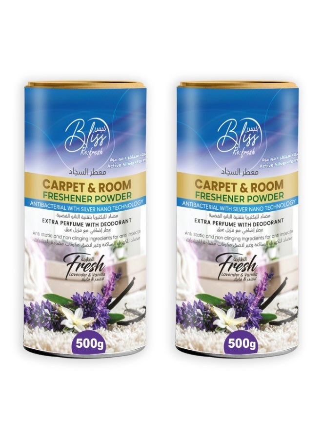 Bliss Antibacterial Carpet Fresh & Room Freshener Powder 500g x 2 | Lavender & Vanilla Scent | Extra Strength Odor Eliminator with Silver Nano Technology | - Image 1