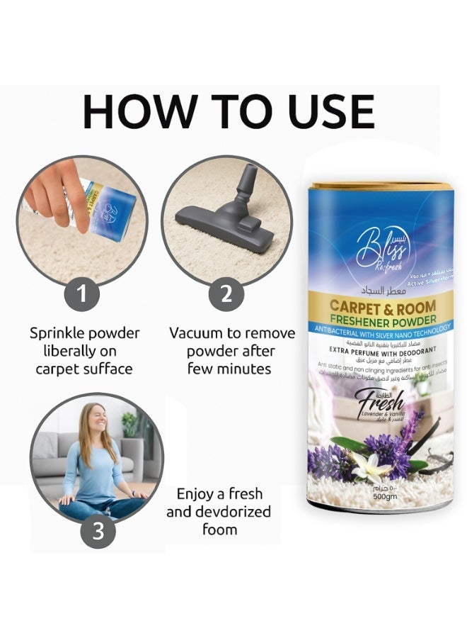 Bliss Antibacterial Carpet Fresh & Room Freshener Powder 500g x 2 | Lavender & Vanilla Scent | Extra Strength Odor Eliminator with Silver Nano Technology | - Image 4