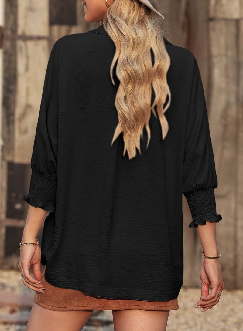 Dokotoo Women Blouses Fall Shirts for Women 2025 Fashion V Neck Business Casual Outfits 3/4 Length Sleeve Womens Tops Dressy Plus Size Spring Clothes Loose Fit Black Tops for Women Clothing L - Image 4