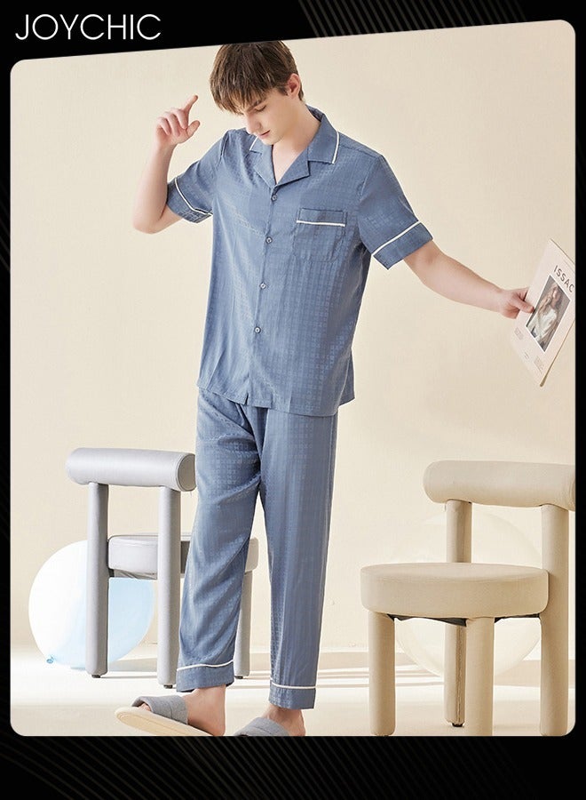 Joychic Modern Style Summer Ice Silk Short-sleeved Long Pants Pajama Set Comfty Breathable Men's Home Clothes Button Front Bedroom Sleepwear Blue - Image 2
