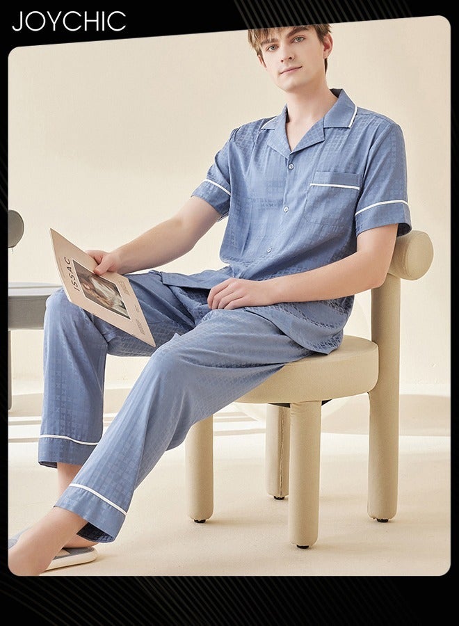 Joychic Modern Style Summer Ice Silk Short-sleeved Long Pants Pajama Set Comfty Breathable Men's Home Clothes Button Front Bedroom Sleepwear Blue - Image 3
