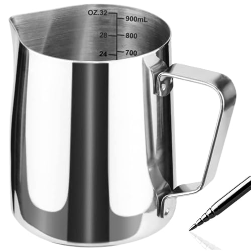 Homepixi Milk Frothing Pitcher (900ML) with Coffee Art Needle, 304 Stainless Steel Espresso Coffee Pitcher for Latte Art, Jug for Milk Frothing, Barista Tools for Cappuccino & Coffee - Image 1
