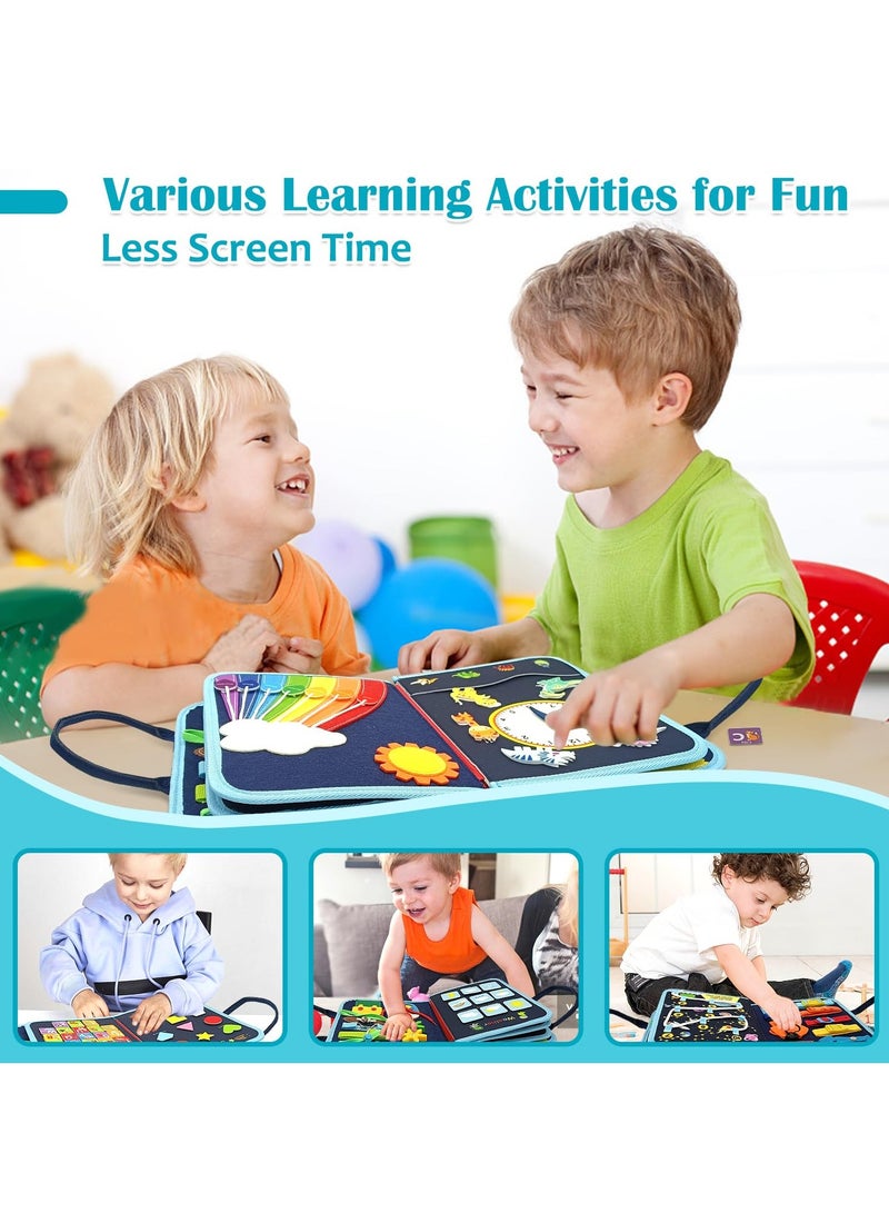 يونيكبيبي كتاب لوحة النشاط مونتيسوري الحسية للأطفال، لعبة تعليمية لتطوير المهارات الأساسية ومهارات الحياة المبكرة، كتاب صامت من اللباد، قابل للحمل، لتدريب المهارات الحركية الدقيقة والمعرفية، تصميم المحيط الأزرق - Image 2