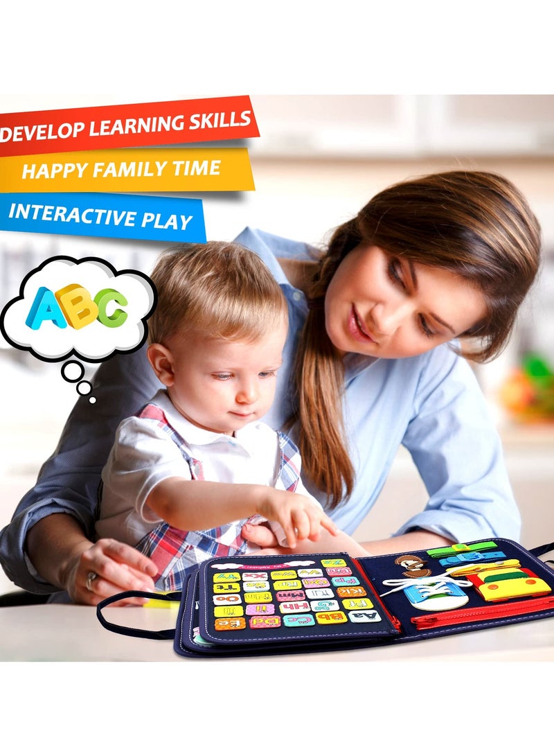 يونيكبيبي كتاب لوحة النشاط مونتيسوري الحسية للأطفال، لعبة تعليمية لتطوير المهارات الأساسية ومهارات الحياة المبكرة، كتاب صامت من اللباد، قابل للحمل، لتدريب المهارات الحركية الدقيقة والمعرفية، تصميم المحيط الأزرق - Image 5