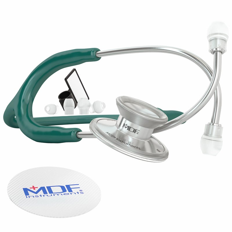 MDF Instruments, Acoustica Lightweight Stethoscope for Doctors, Nurses, Students, Home Health Use, Adult, Dual Head, Dark Green Tube, Silver Chestpiece-Headset, MDF747XP09