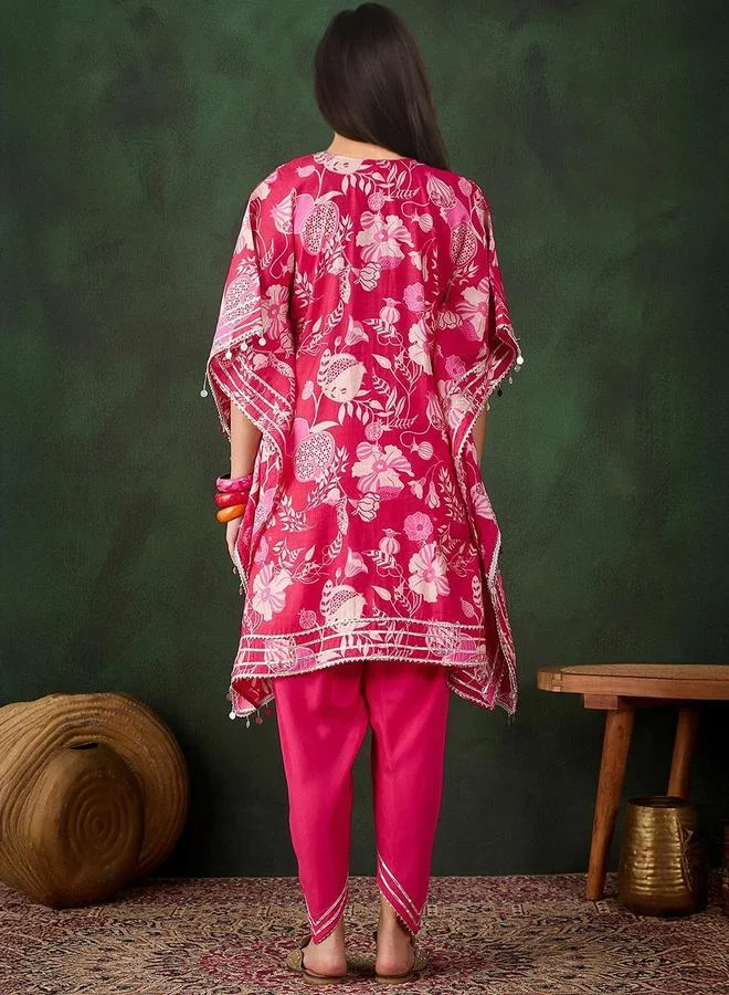 ISHIN Women's Pink Chanderi Embellished Tunic Top With Ankle Palazzo Flared 2 Peice Kurta Set