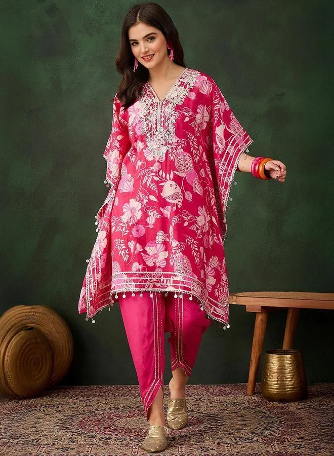 ISHIN Women's Pink Chanderi Embellished Tunic Top With Ankle Palazzo Flared 2 Peice Kurta Set