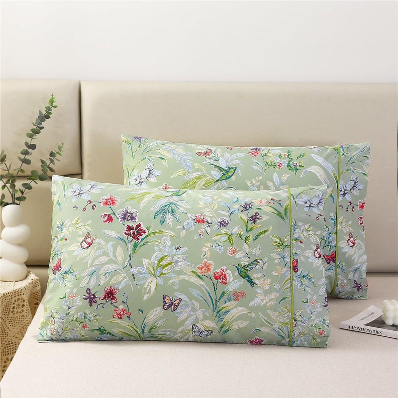 URBONUR 100% Cotton Pillowcases Set of 2 Standard Size Floral Printed Butterfly Pillow Cases Soft Breathable Cooling Pillowcase Decorative Pillow Cover (Standard  20x26 Inches  Green Flowers) - Image 1