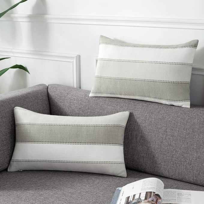 PACK OF 2 FARMHOUSE STRIPE CHECK THROW PILLOW COVERS SET CASE COTTON LINEN DECORATIVE PILLOWCASES CUSHION COVER FOR COUCH BENCH SOFA 12X20INCH LIGHT GREY BEIGE