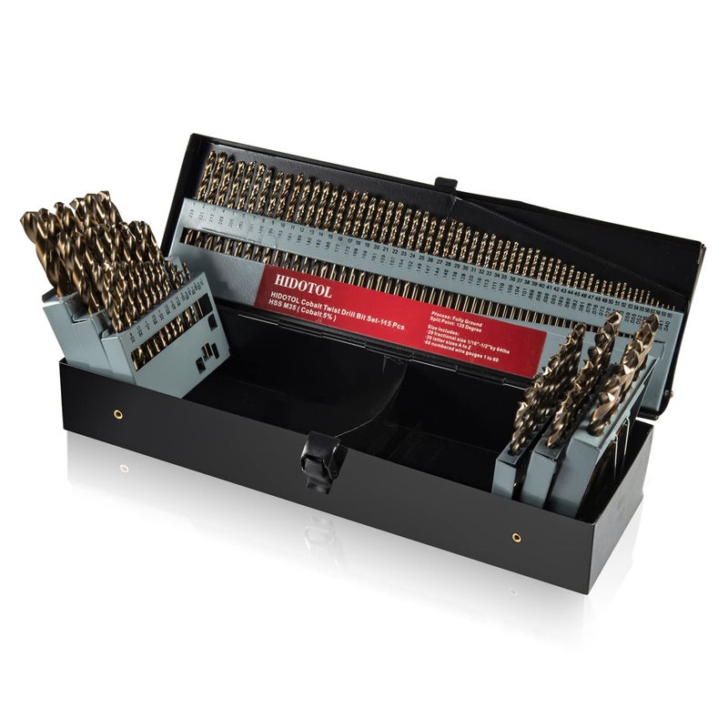 HIDOTOL Cobalt Drill Bit Set 115 PCS M35 High Speed Steel Twist Jobber Length Drill Bits for Hardened Metal Stainless Steel Cast Iron Plastic and Wood 11612 AZ 160