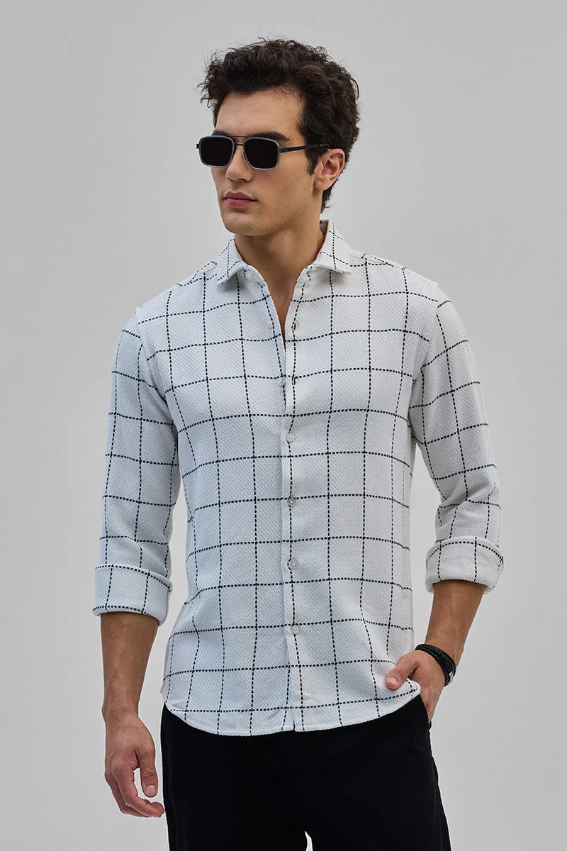 سنيتش White Checkered Long Sleeve Slim Fit Casual Shirt
