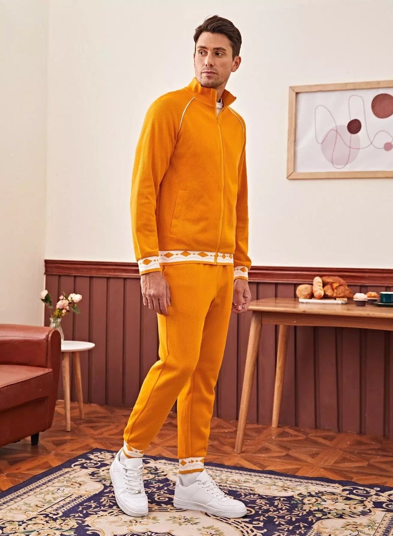 Men Contrast Tipping Geo Panel Zip Up Jacket and Joggers Set  - Image 4