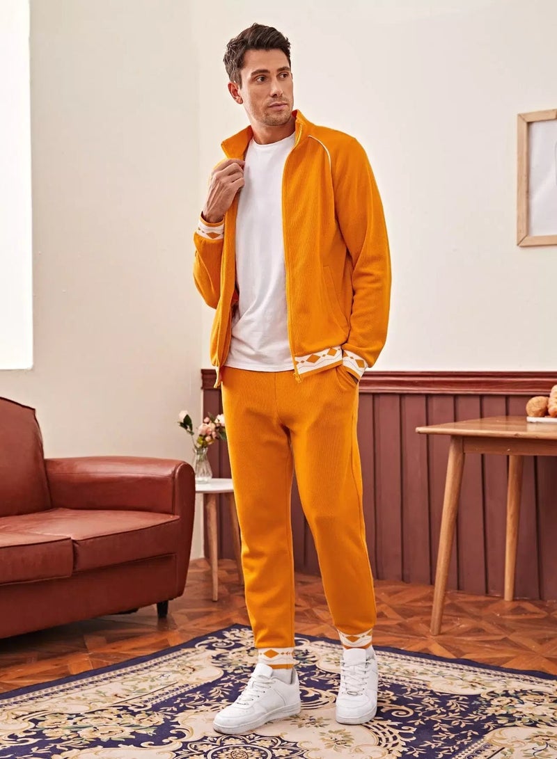 Men Contrast Tipping Geo Panel Zip Up Jacket and Joggers Set  - Image 1