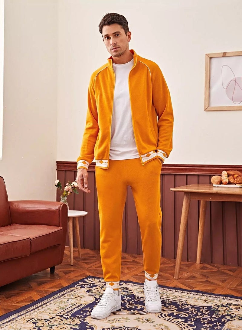 Men Contrast Tipping Geo Panel Zip Up Jacket and Joggers Set  - Image 3