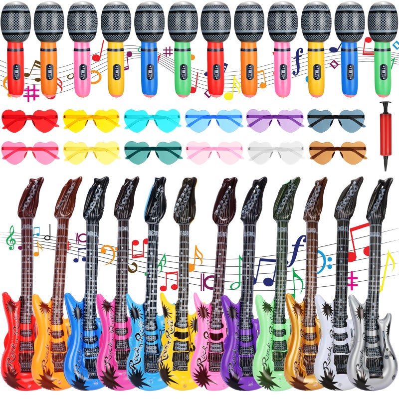 Chitidr 36 Pcs Inflatable Rock Star Toy Set Include 12 Inflatable Guitars 12 Microphones 12 Colorful Heart Shaped Sunglasses and 1 Inflator for Musical Concert Themed Party Decoration - Image 1