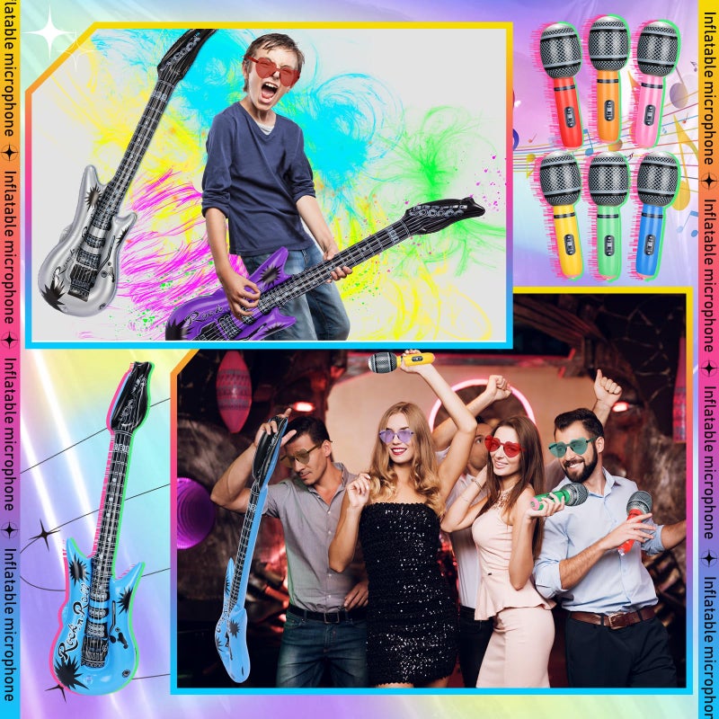 Chitidr 36 Pcs Inflatable Rock Star Toy Set Include 12 Inflatable Guitars 12 Microphones 12 Colorful Heart Shaped Sunglasses and 1 Inflator for Musical Concert Themed Party Decoration - Image 2