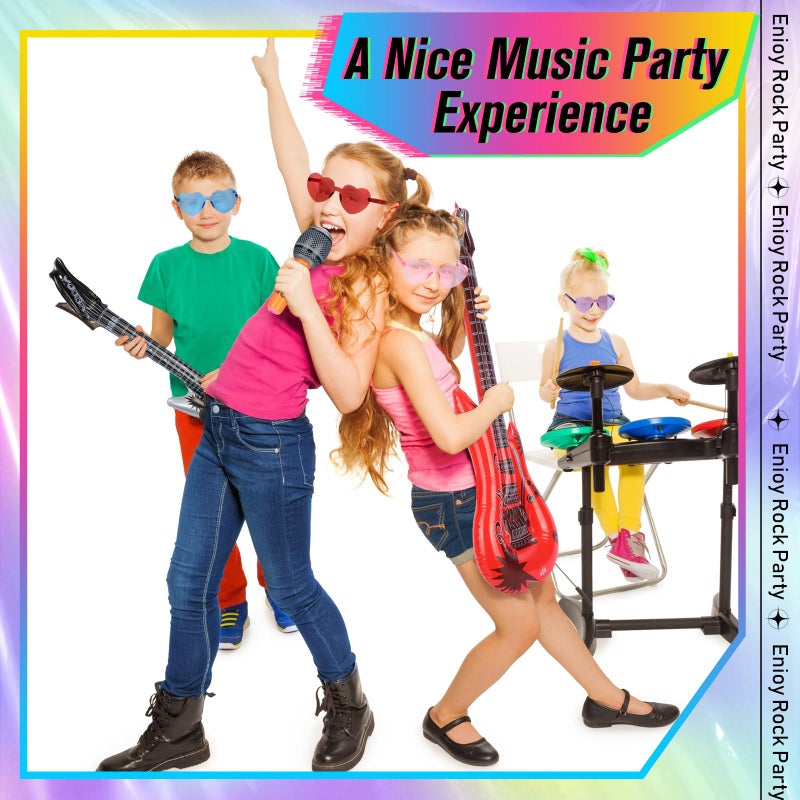 Chitidr 36 Pcs Inflatable Rock Star Toy Set Include 12 Inflatable Guitars 12 Microphones 12 Colorful Heart Shaped Sunglasses and 1 Inflator for Musical Concert Themed Party Decoration - Image 4