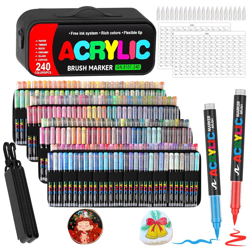 Amamao 240 Colors Acrylic Paint Markers with Automatic Ink Control System, Soft Brush Tip Acrylic Markers for Paper, Rock, Wood, Canvas, Glass and Ceramic Art Supplies, Paint Pens & Paint Markers with Bag - Image 1