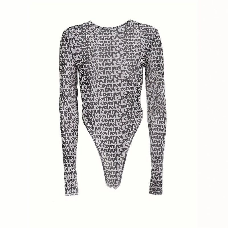 Women's Semi-Sheer Round Neck Long Sleeve Slim Fit Printed Jumpsuit - Image 4