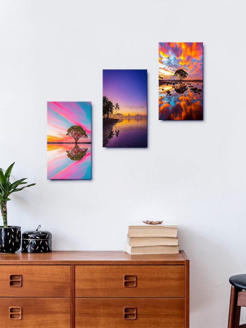 999STORE Beach At Sunset home room décor framed stylish modern wall frames living hanging decorative items (Set of 3 Panels Paper Print 24X15 Inches) MDF3Frames056 - Image 1