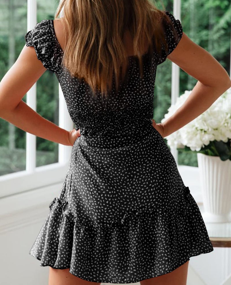 YOBECHO Women's Summer Ruffle Sleeve Sweetheart Neckline Printing Dress Mini Dress (X-Large, Black) - Image 3