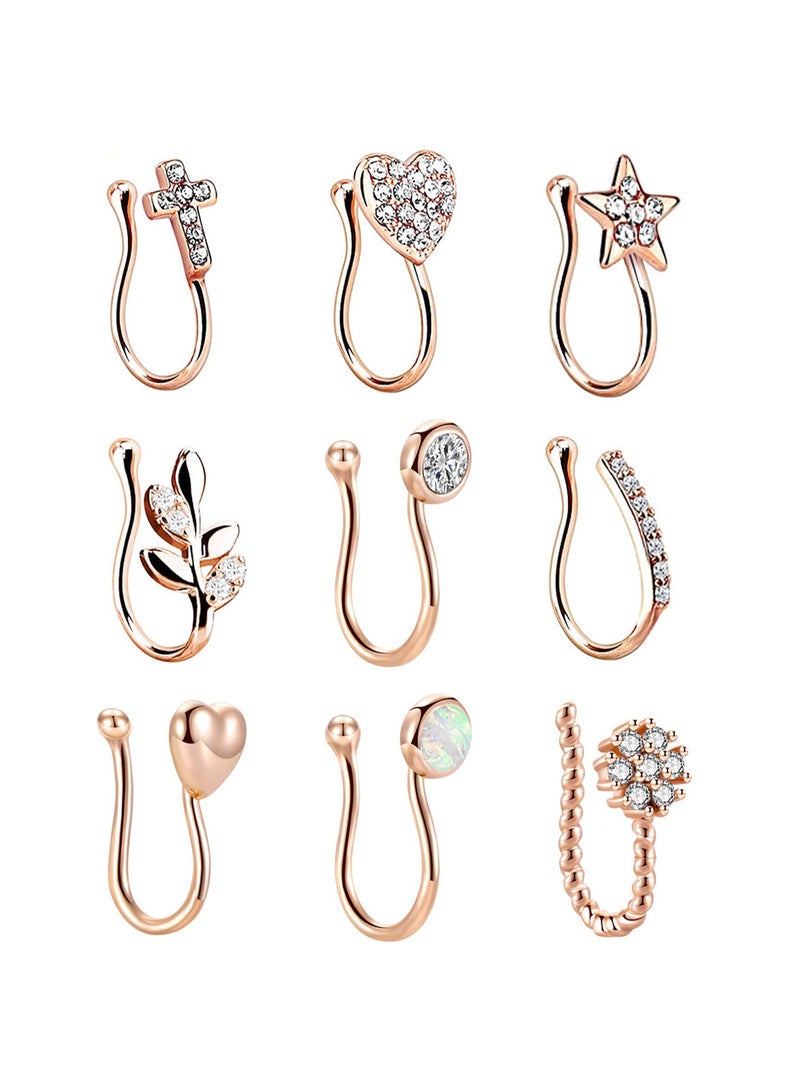 Excefore 9 Pcs Fake Nose Ring for Women Nose Cuffs Non Piercing Jewelry Adjustable Faux Nose Rings Set - Image 1